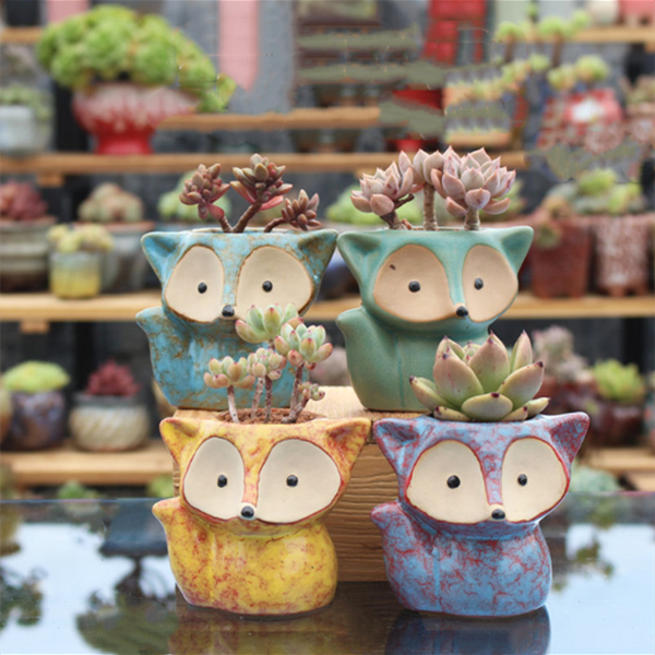 Fox Ceramic Planters with Air Plants – Set of 4 W/Plant